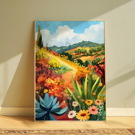 Hillside Wildflower Trail Cypress Trees Agave Garden Colorful Landscape Poster