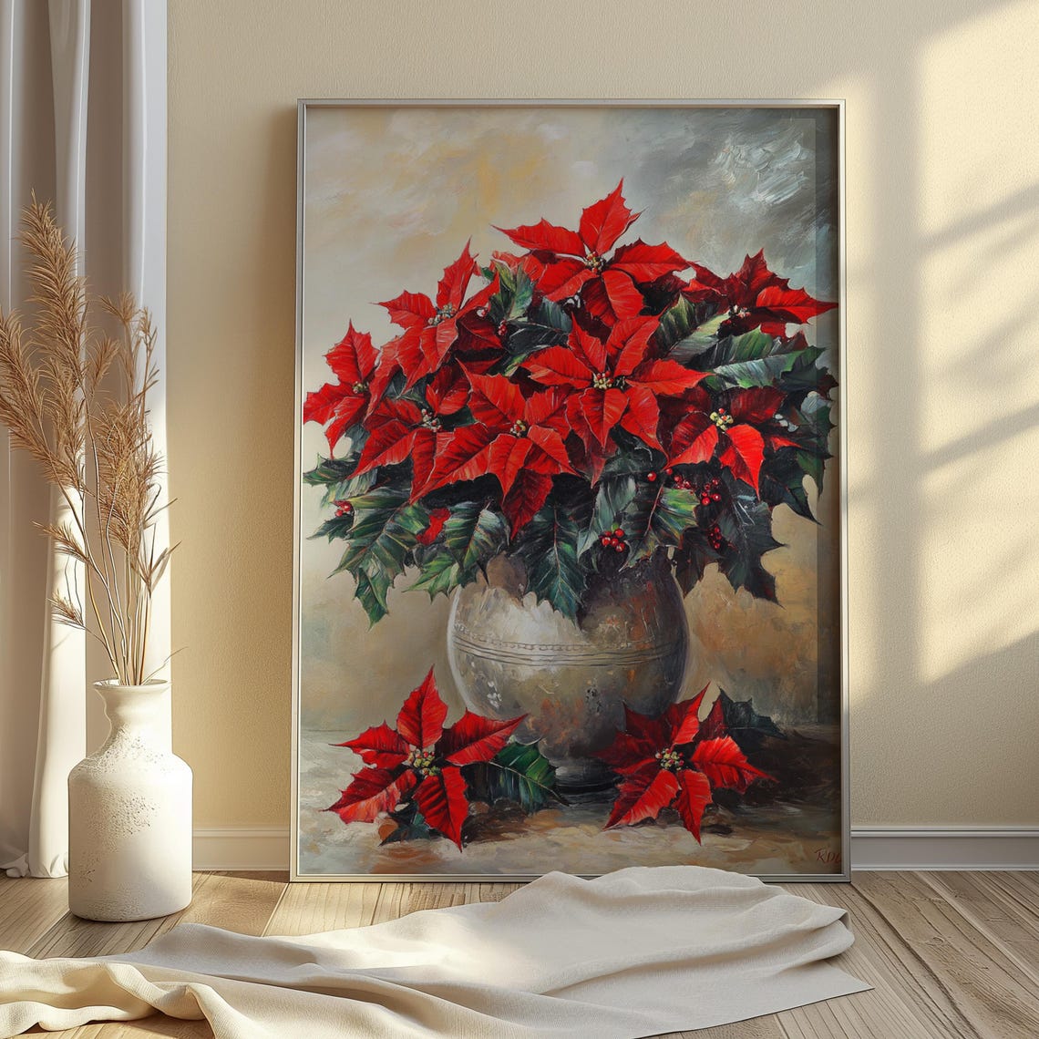 Red Poinsettia Bouquet Silver Vase Elegant Christmas Still Life Poster - Image 3