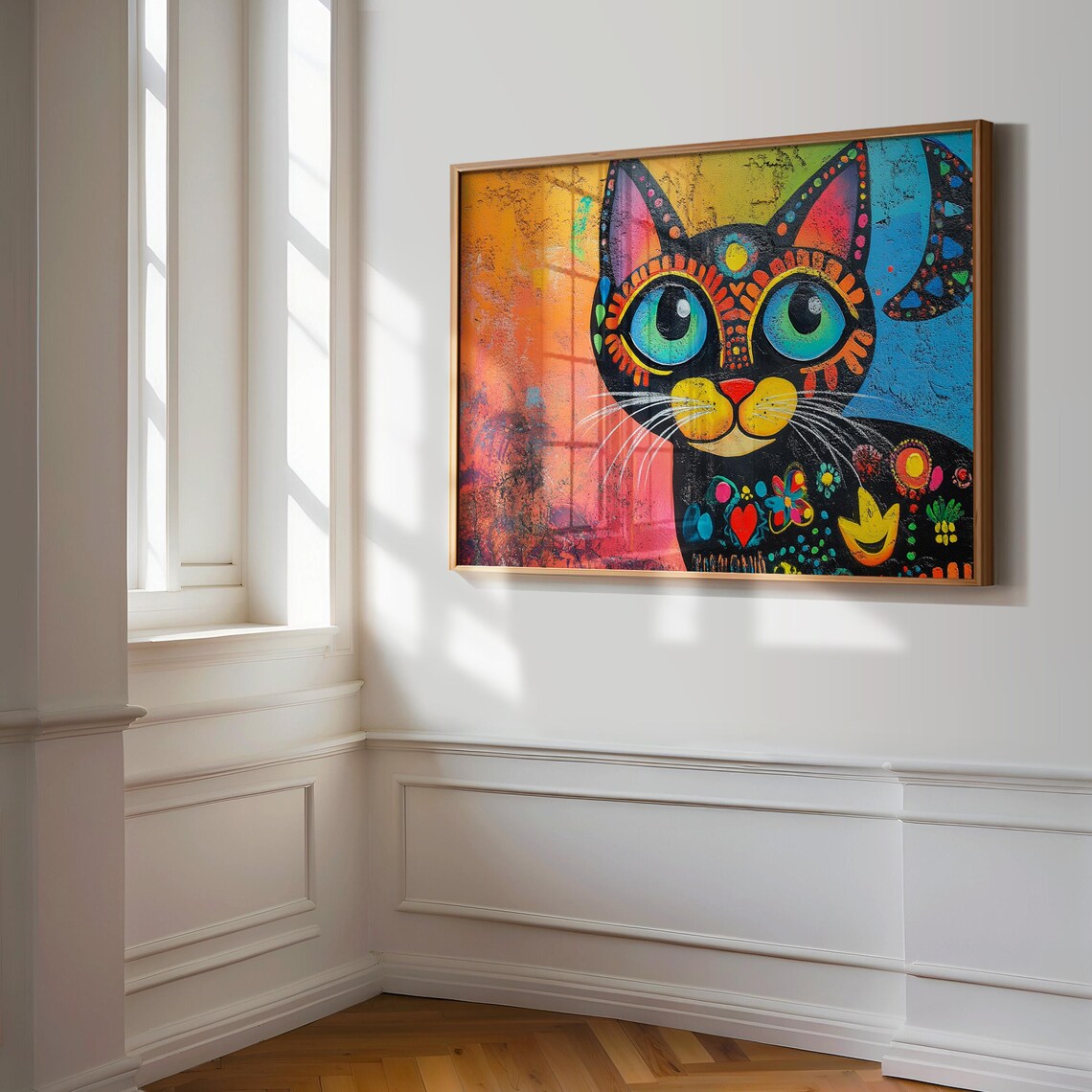 Black Cat Folk Art Portrait Big Blue Eyes Hearts Flowers Decor Poster - Image 3