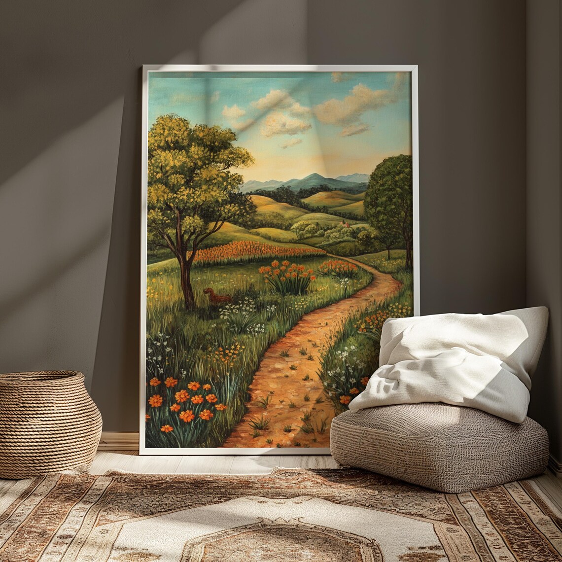 Winding Dirt Path Through Marigold Fields Mexican Countryside Art Poster - Image 3
