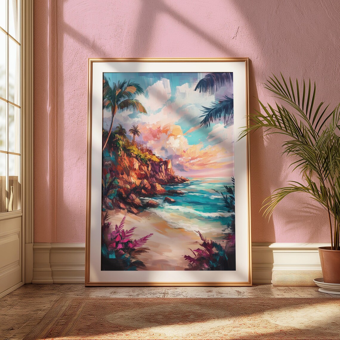 Tropical Beach Cove Sunset Palm Trees Orange Cliffs Turquoise Sea Landscape Poster - Image 2