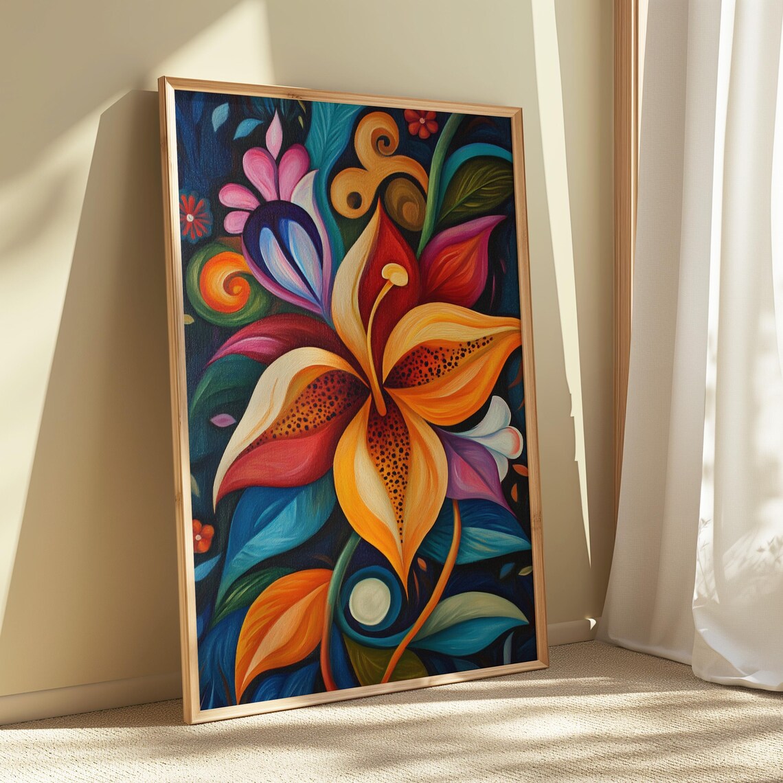 Swirling Orange Lily Teal Leaves Dark Botanical Floral Poster - Image 5