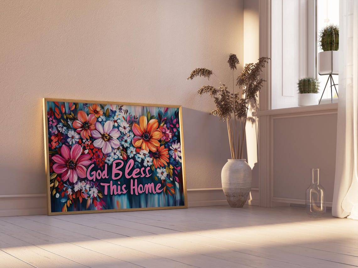 God Bless This Home Pink Daisy Dark Teal Wildflower Floral Print - Image 2
