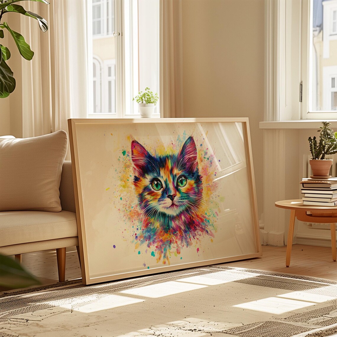Watercolor Splash Kitten Face Multicolor Paint Drops Cute Cat Art Poster - Image 4