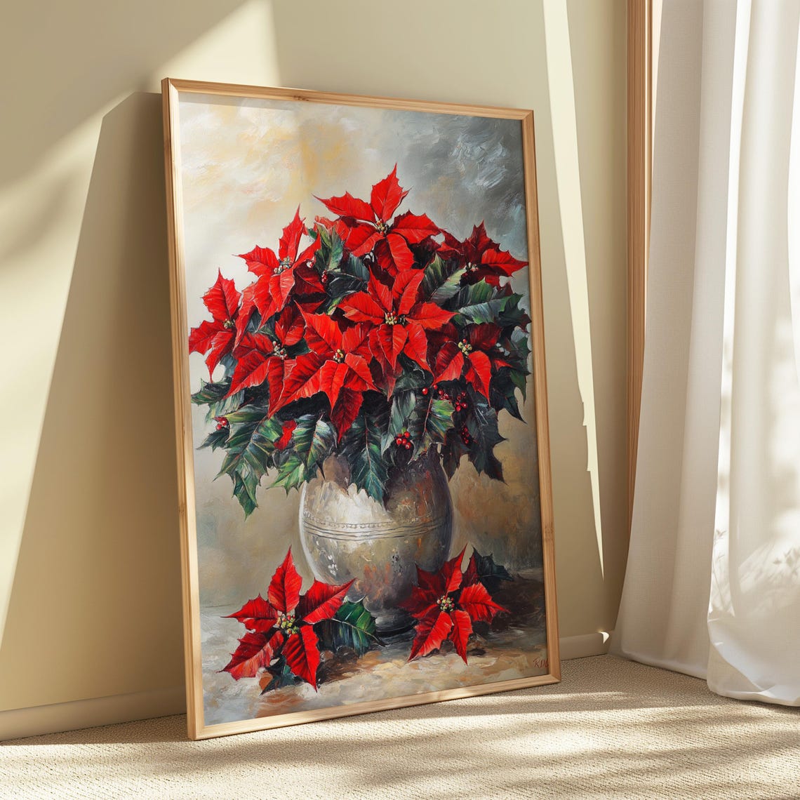 Red Poinsettia Bouquet Silver Vase Elegant Christmas Still Life Poster - Image 5