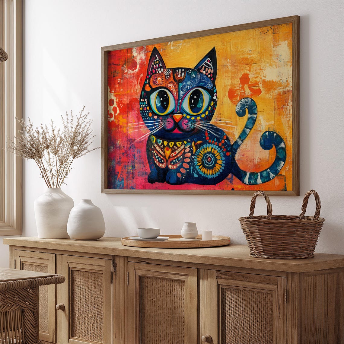 Sitting Blue Cat With Curly Tail Mandala Patterns Warm Poster