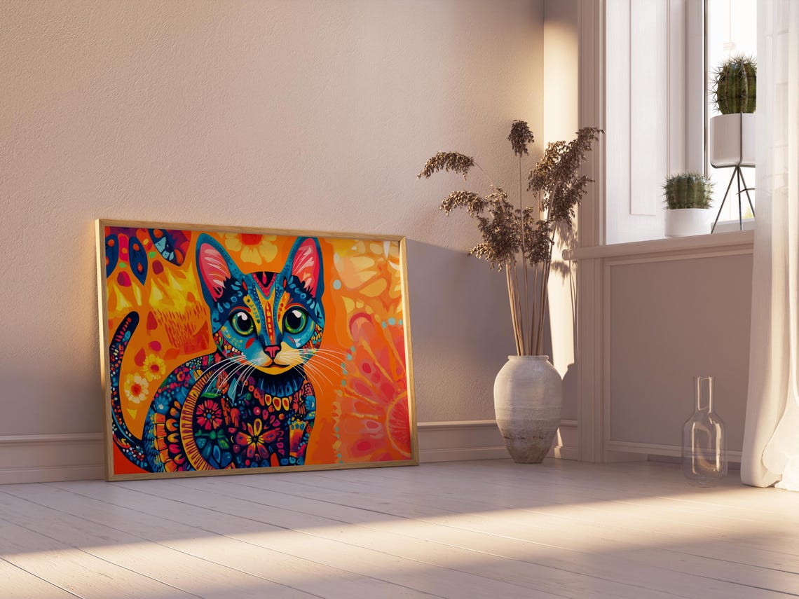 Blue Cat Sitting Mandala Floral Patterns Green Eyes Orange Art Poster - Image 2