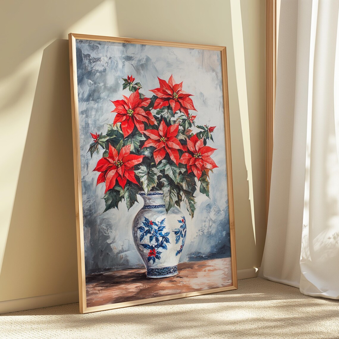 Red Poinsettia Blue Floral Vase Airy Watercolor Christmas Poster Print - Image 5