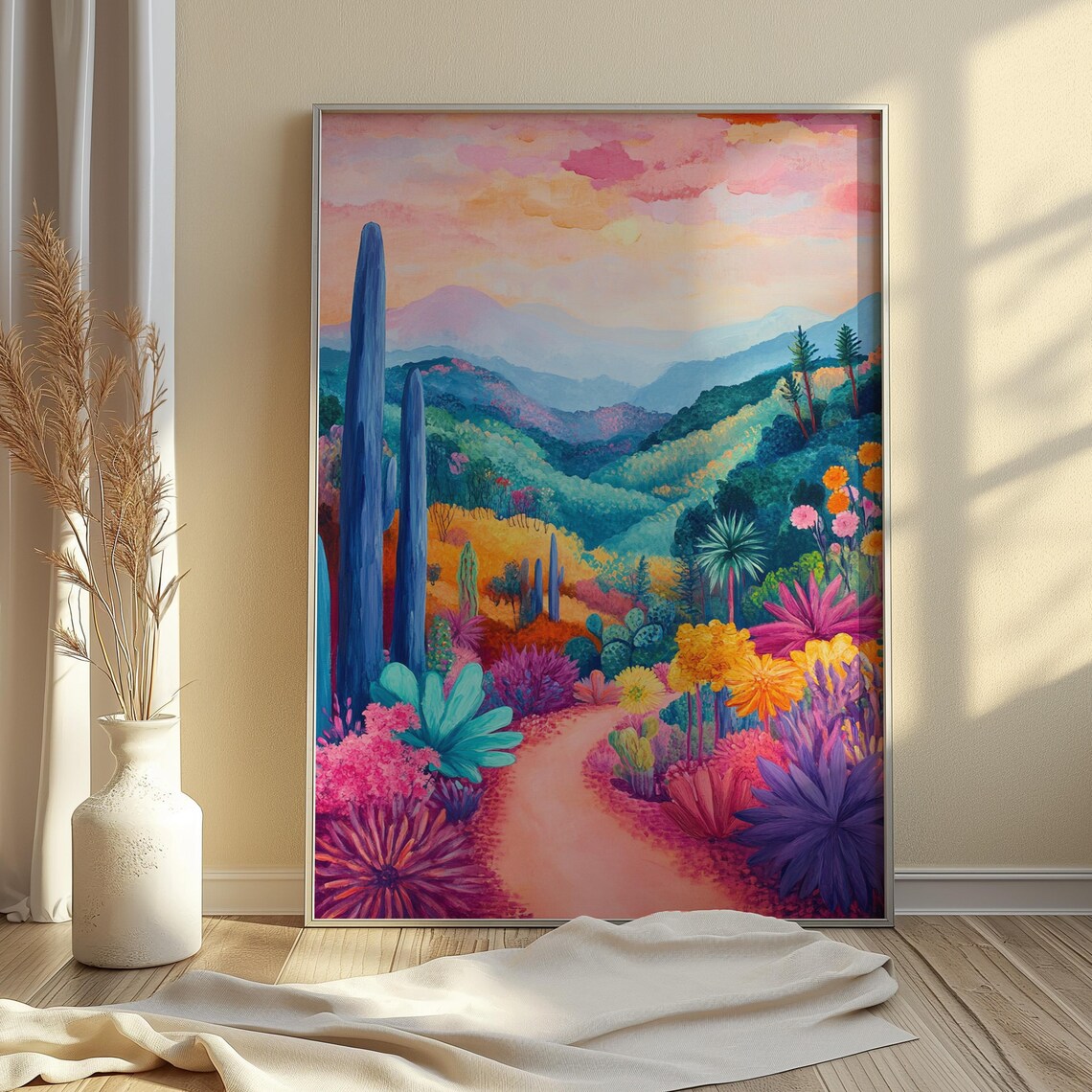 Whimsical Desert Bloom Pink Path Tall Blue Cacti Green Hills Rosy Sky Poster - Image 4