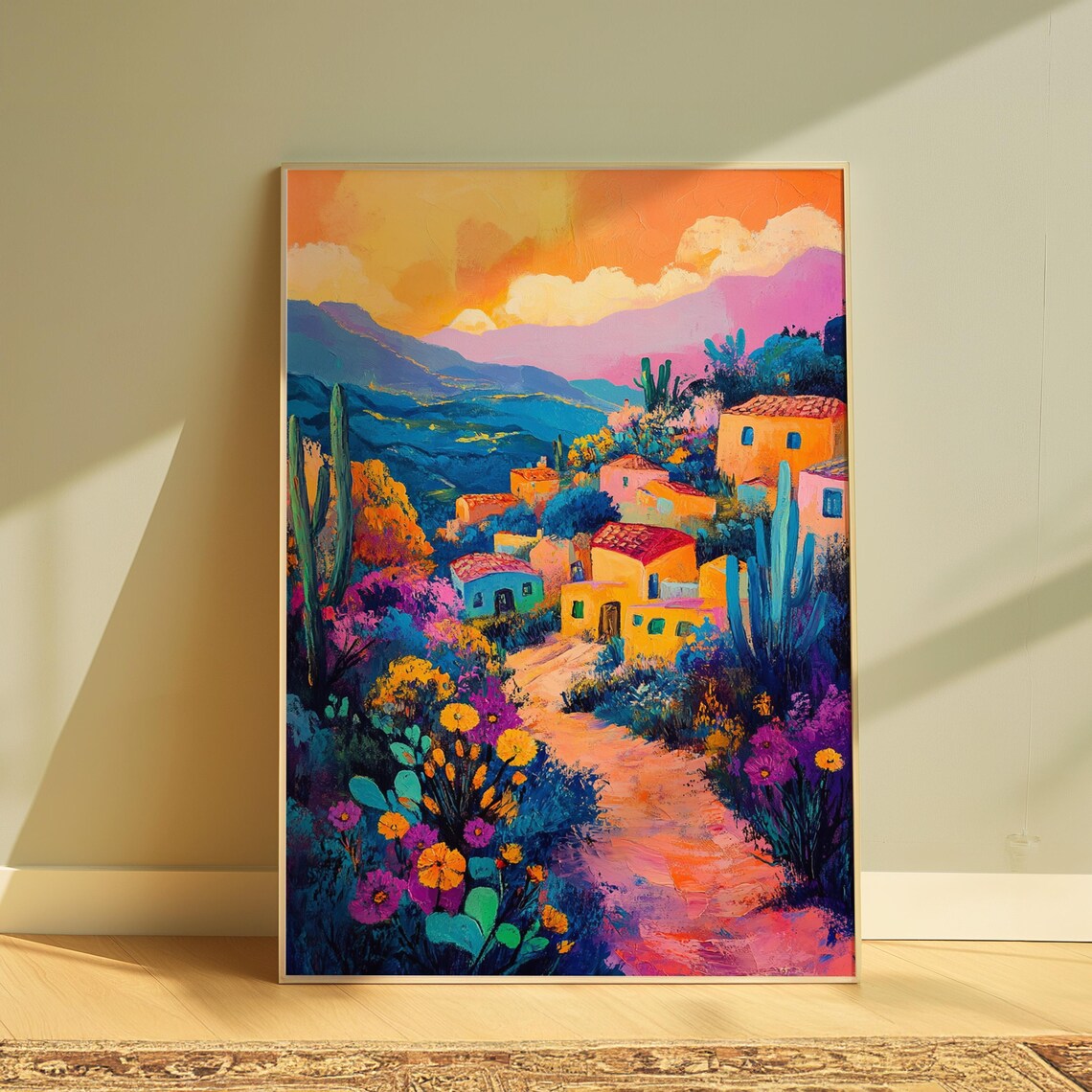 Mexican Village Sunset Hillside Houses Flowers Landscape Art Poster