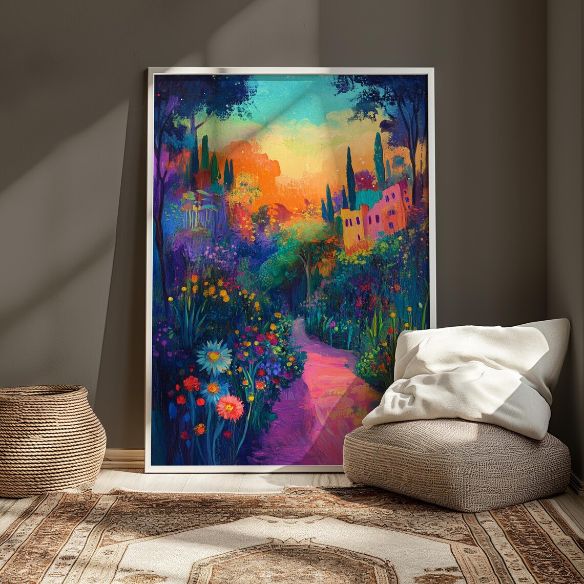Enchanted Flower Garden Hilltop Village Sunset Colorful Landscape Poster - Image 3
