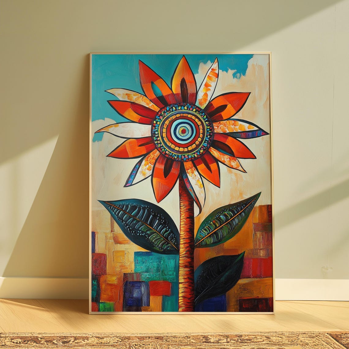 Folk Sunflower Concentric Center Patchwork Sky Floral Art Poster