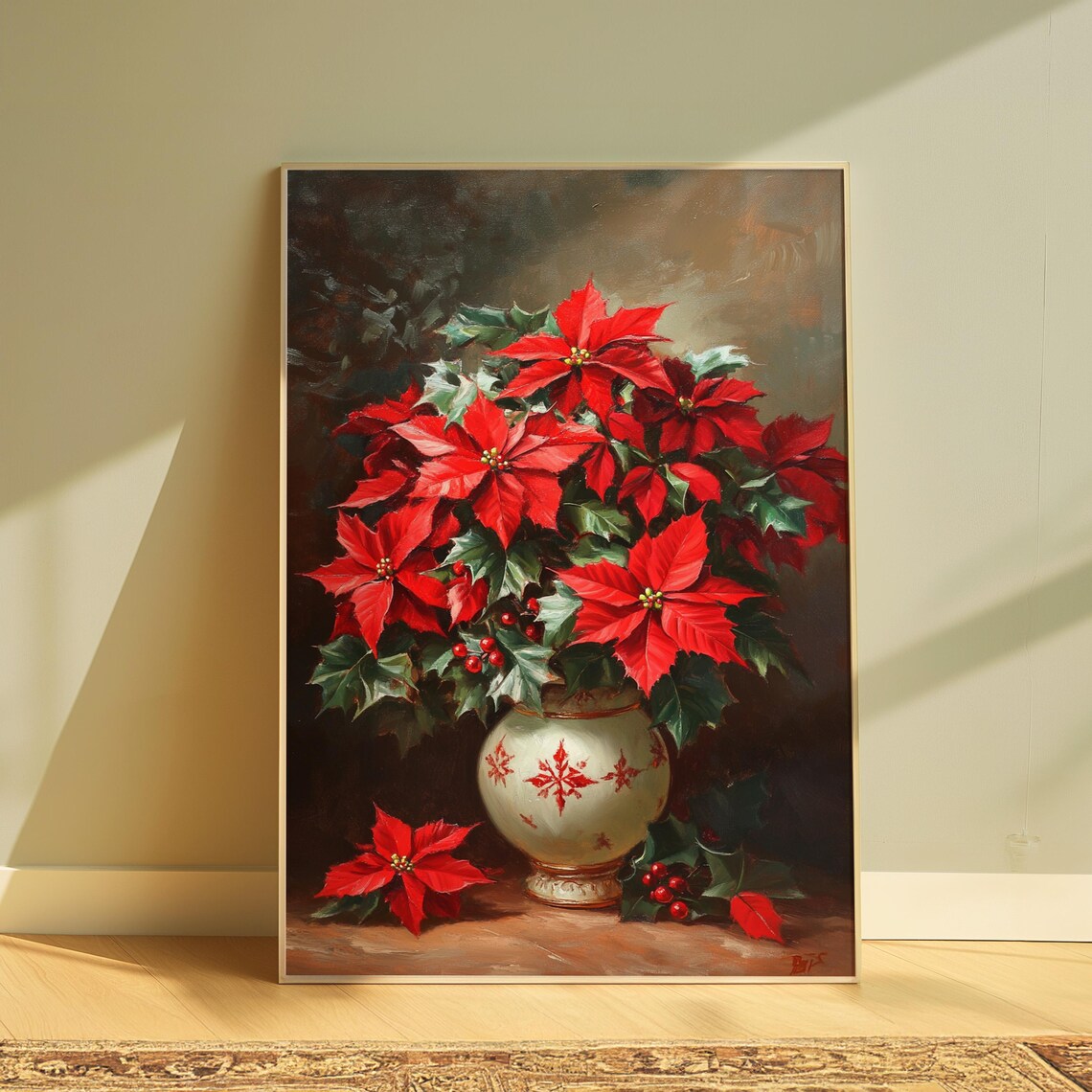 Red Poinsettia Snowflake Vase Holly Christmas Still Life Poster