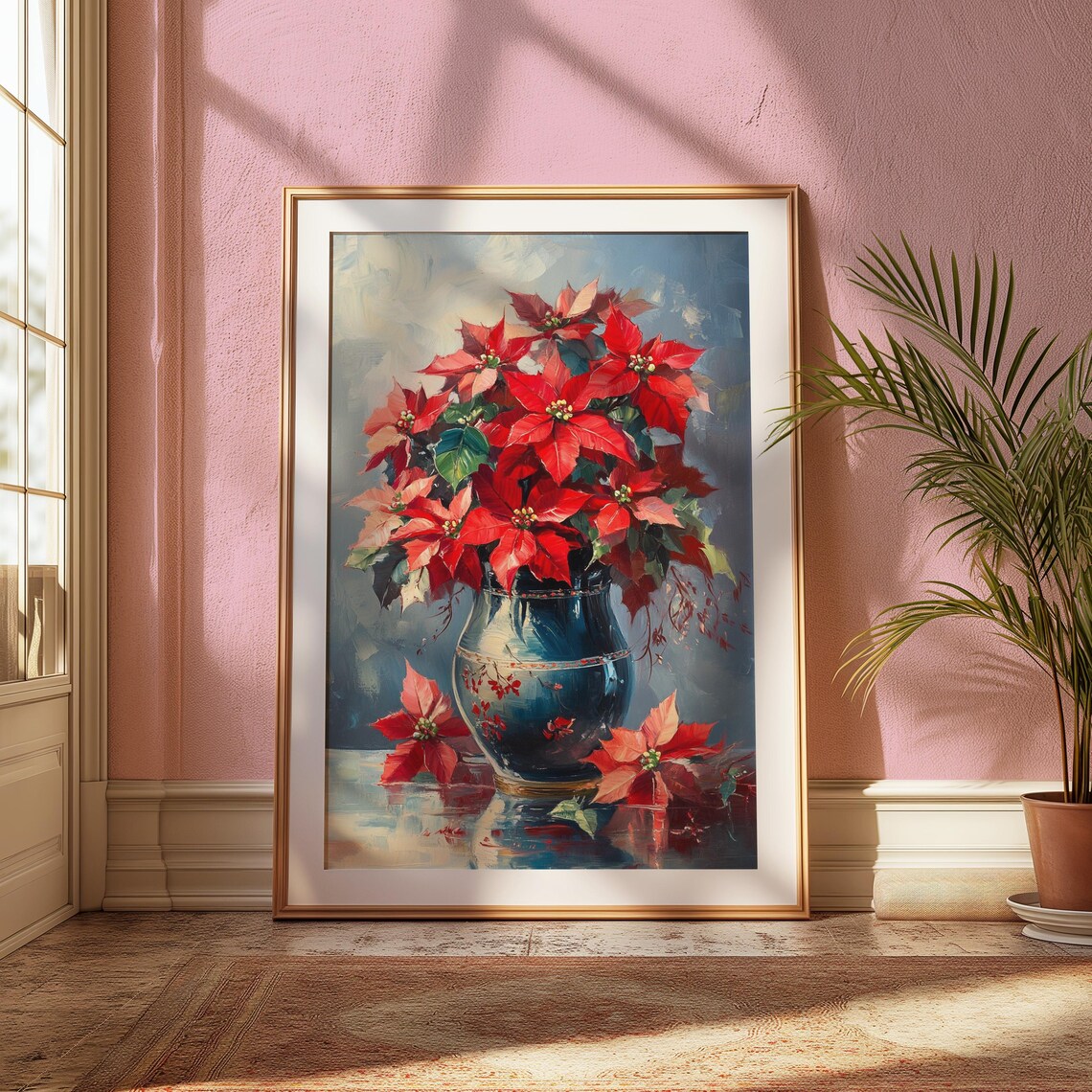 Red Poinsettia Bouquet in Blue Talavera Vase Holiday Floral Poster - Image 2