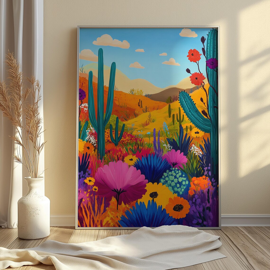 Bright Folk Art Desert Bloom Teal Saguaro Cacti Giant Wildflowers Poster - Image 4