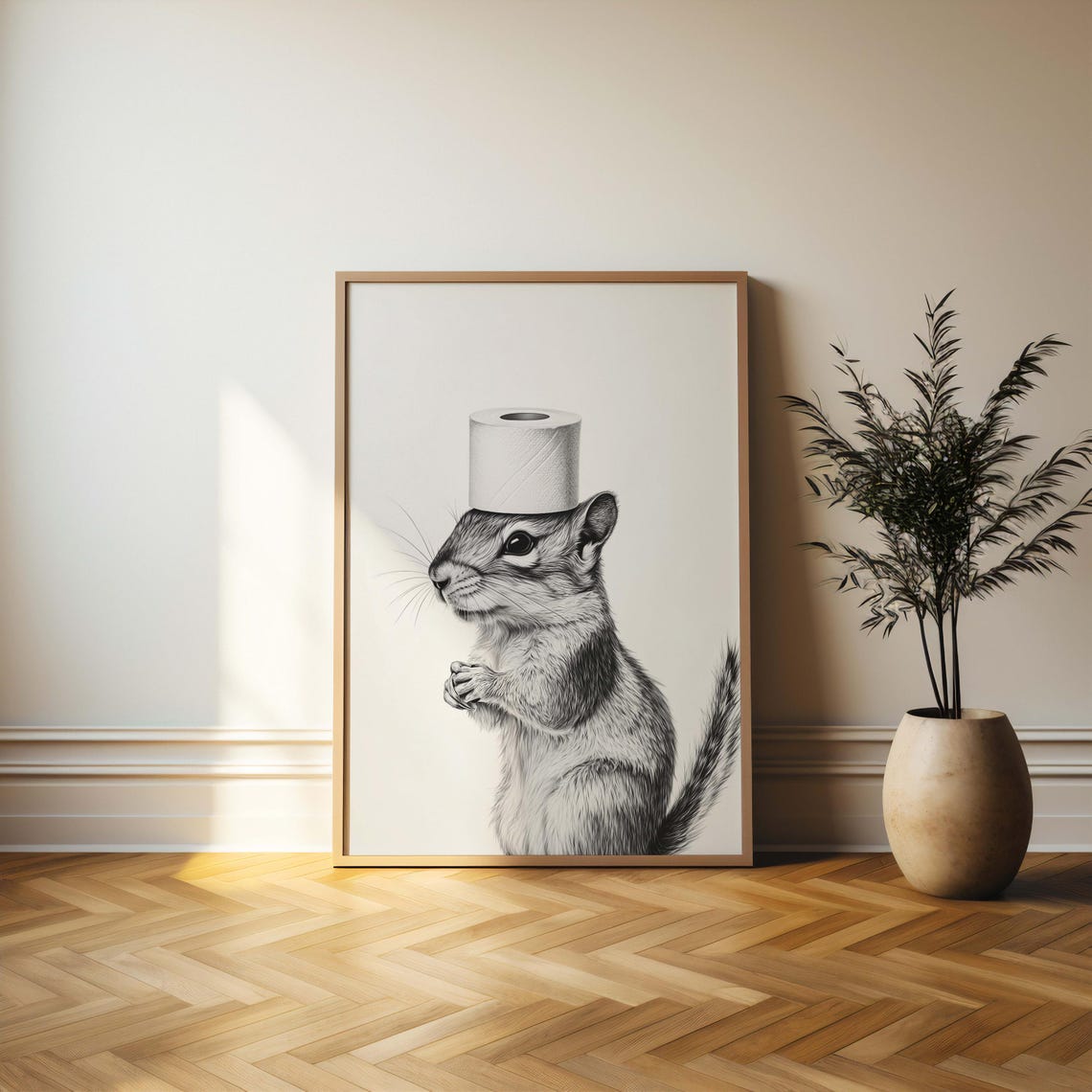 Squirrel Toilet Paper Roll Hat Cute Black White Sketch Funny Poster - Image 2