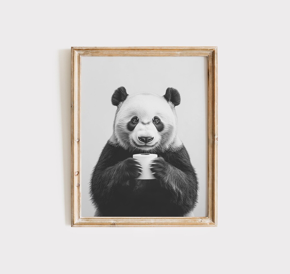 Giant Panda Holding Toilet Paper Roll Funny Black White Poster