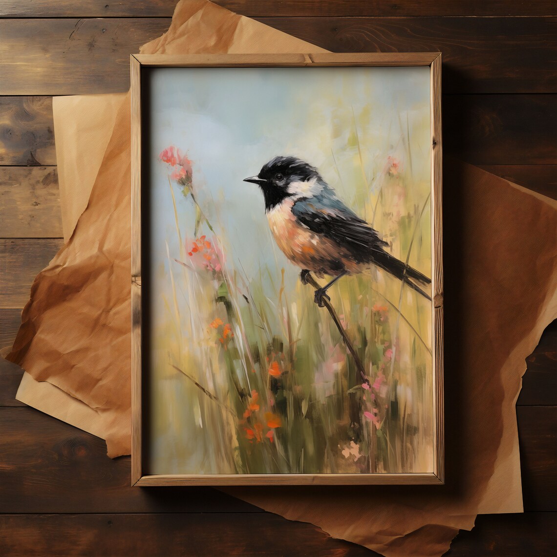 Chickadee Songbird on Twig Wildflower Meadow Impressionist Oil Painting Print - Image 3