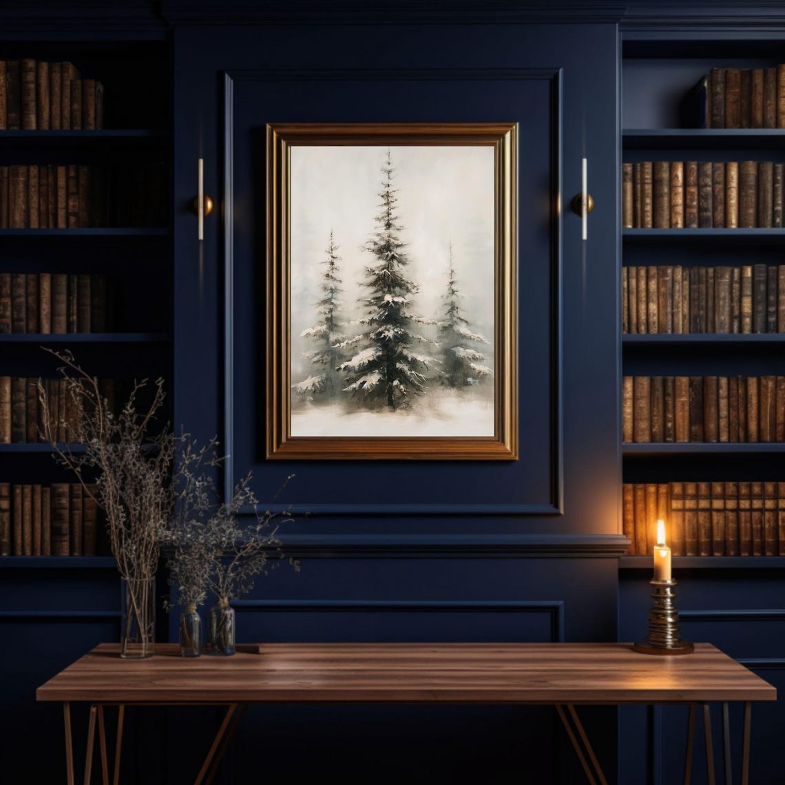 Three Snowy Pine Trees in Mist Minimalist Winter Forest Painting Print - Image 2
