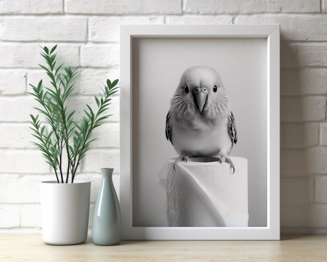 Budgie Bathroom Art Print, Black And White Decor - Image 2