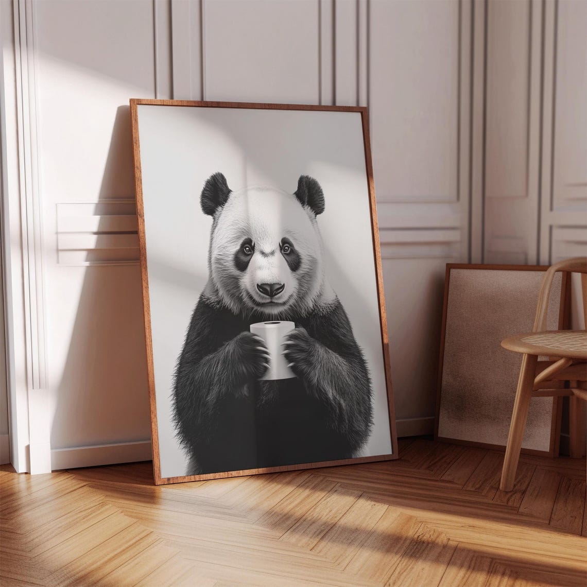 Giant Panda Holding Toilet Paper Roll Funny Black White Poster - Image 2