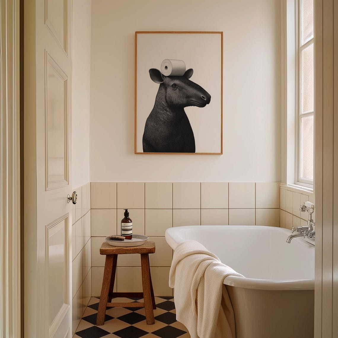 Tapir With Toilet Paper On Head Black And White Funny Bathroom Poster - Image 2