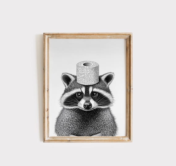 Racoon Painting Raccoon Racoon Racoon Gift Print Animal Bathroom Decor Racoon Art Bathroom Wall Art Black And White Bathroom Print