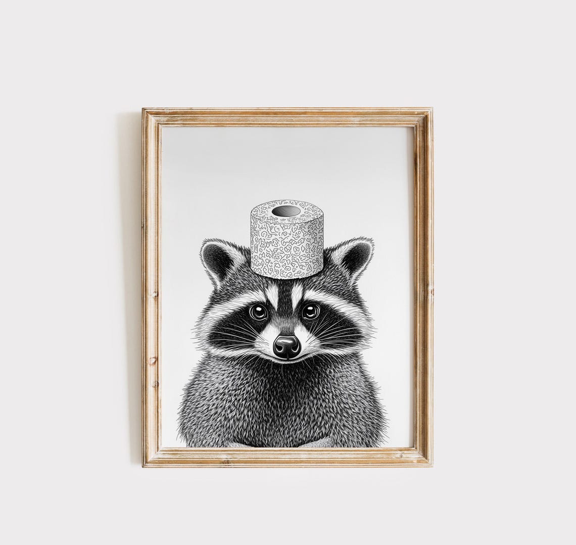 Raccoon Toilet Paper Roll Hat Cute Black White Sketch Funny Poster