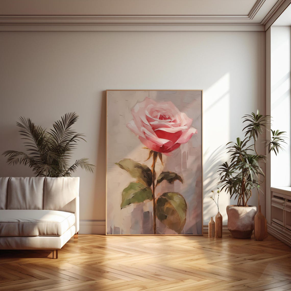 Large Pink Rose Impasto Oil Painting Floral Light Academia Wall Poster