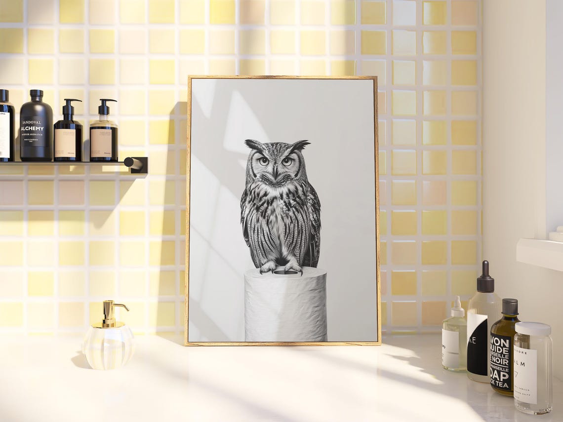 Great Horned Owl Perched On Toilet Paper Roll Bathroom Poster - Image 3