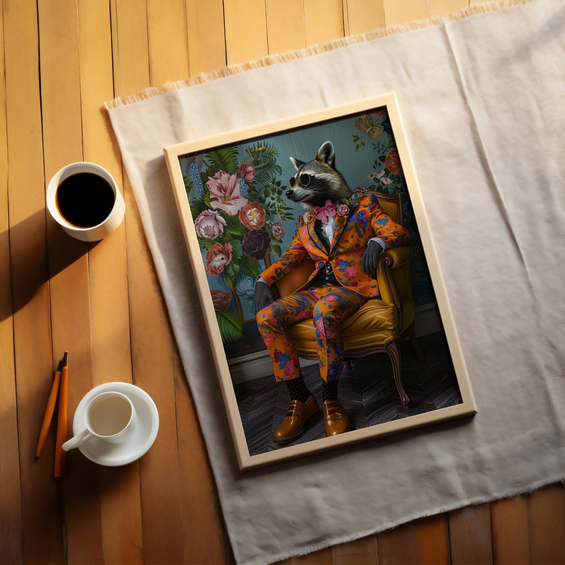 Dapper Raccoon In Floral Suit Maximalist Animal Portrait Poster - Image 3