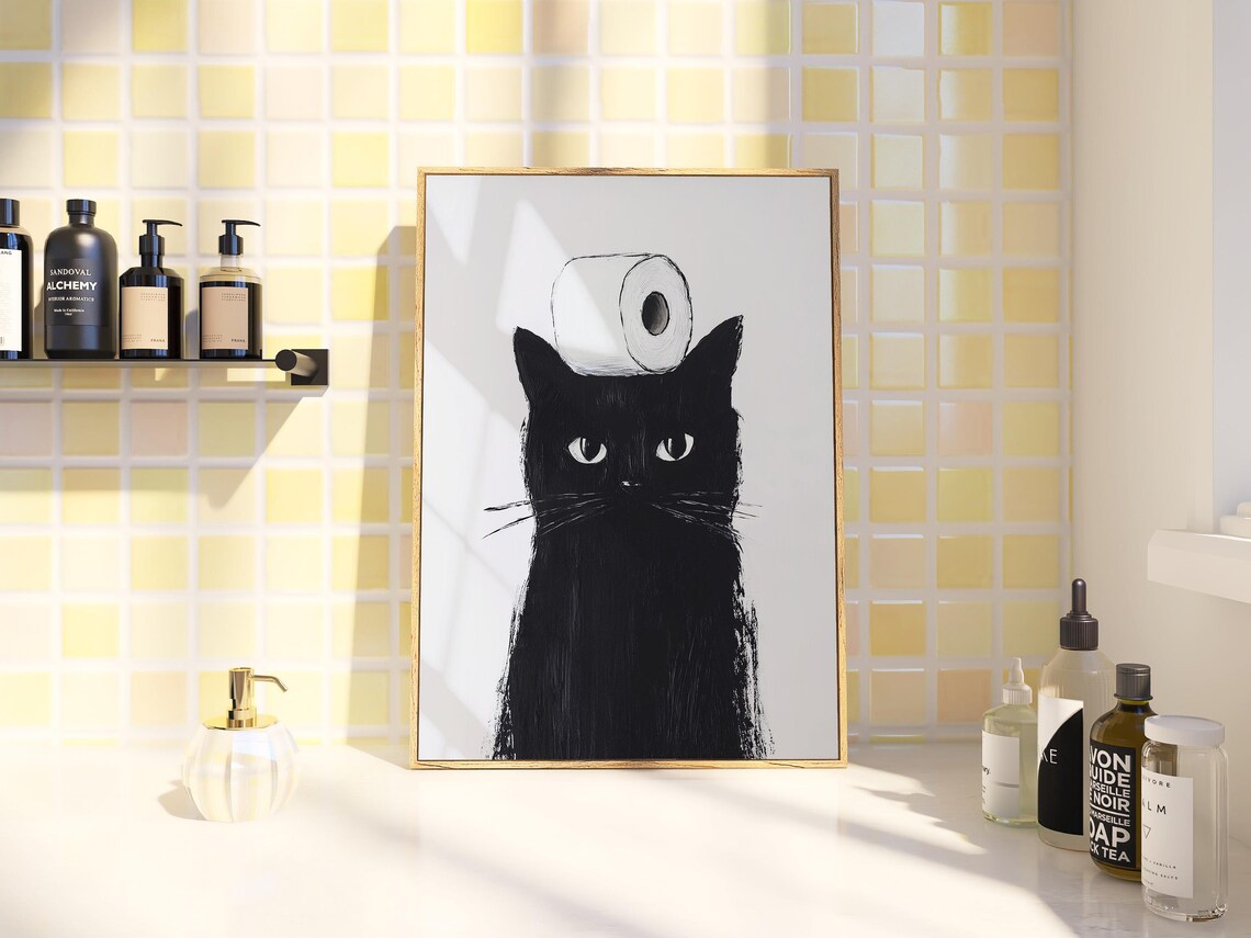 Black Cat Funny Bathroom Cat Poster, Cat Print - Image 2