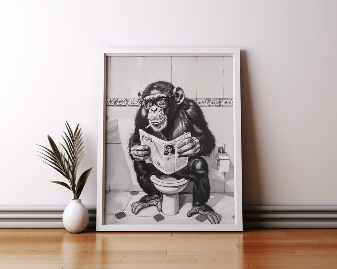Chimpanzee With Glasses Reading Newspaper Toilet Funny Bathroom Poster - Image 3