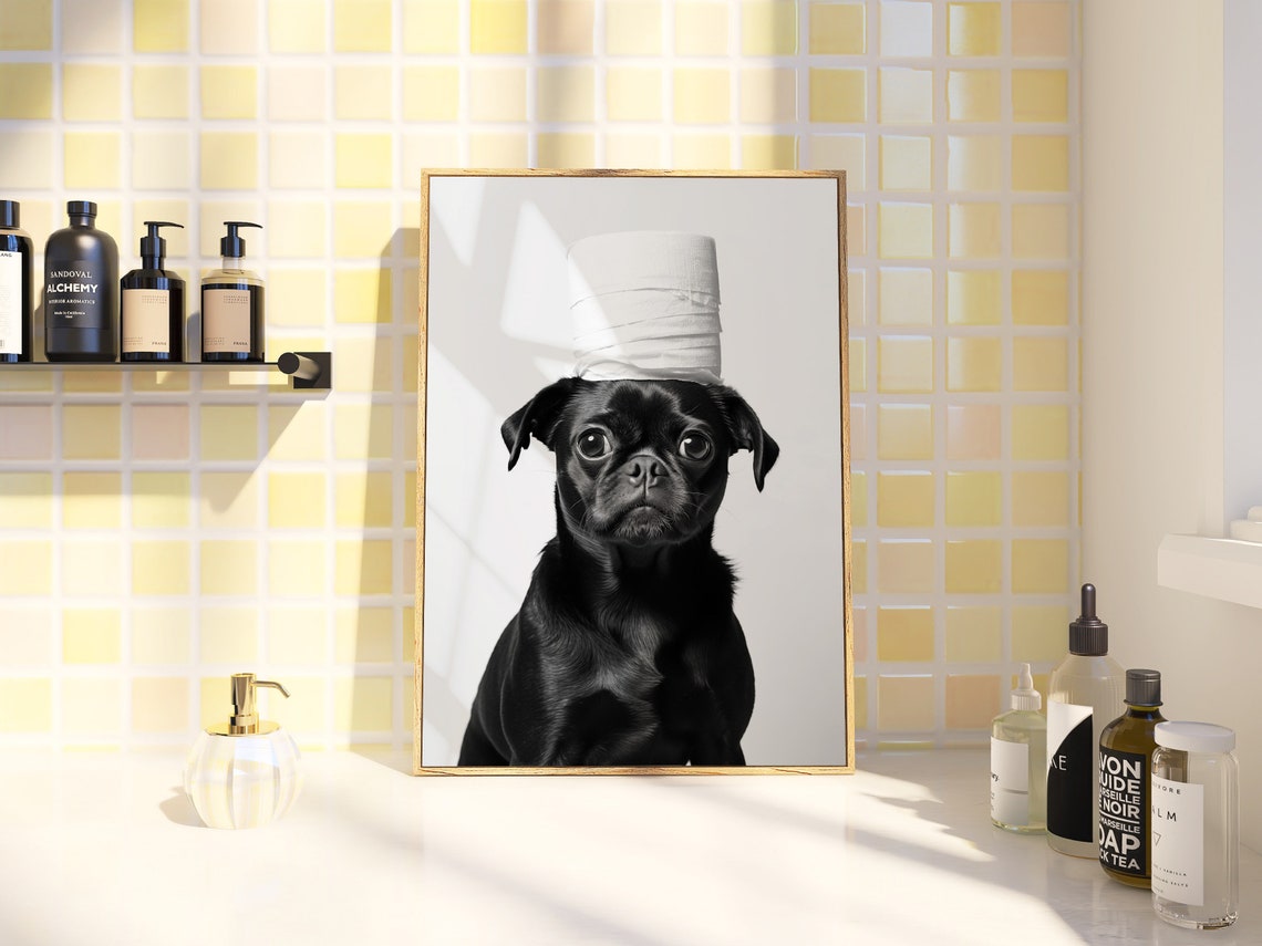 Black Pug Toilet Paper Stack Hat Cute Black White Funny Dog Poster - Image 2