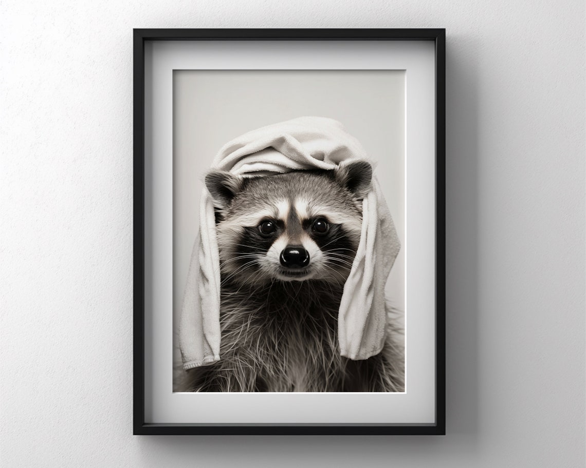Raccoon With Towel on Head Funny Black White Bathroom Art Poster - Image 3
