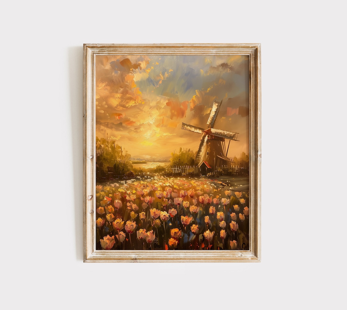 Dutch Windmill Tulip Field Sunset Impressionist Landscape Oil Poster