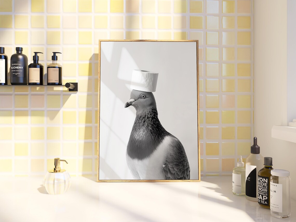 Elegant Pigeon With Toilet Paper Hat Funny Black White Poster - Image 3