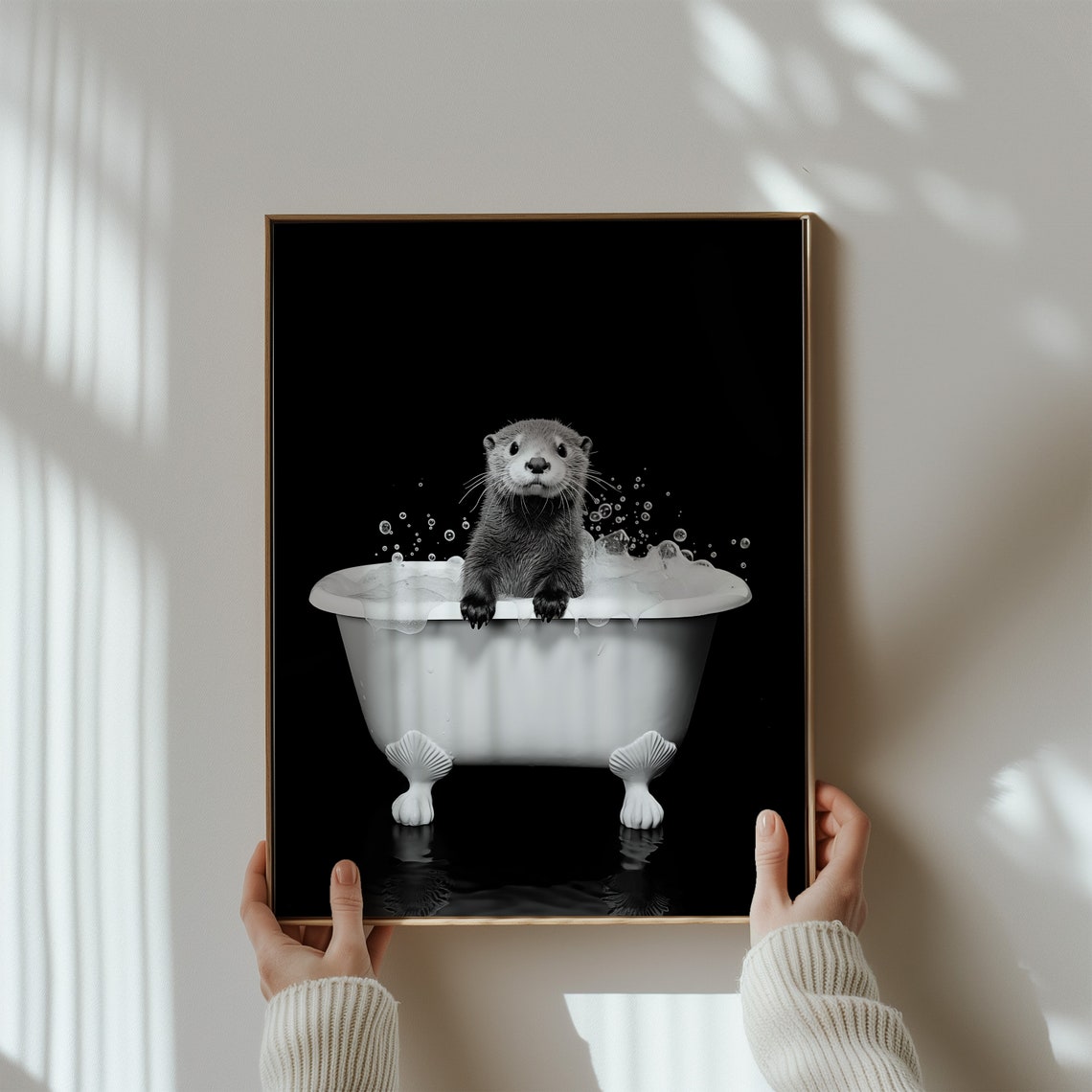 Baby Otter Bubble Bath Cute Black White Night Funny Animal Poster - Image 3