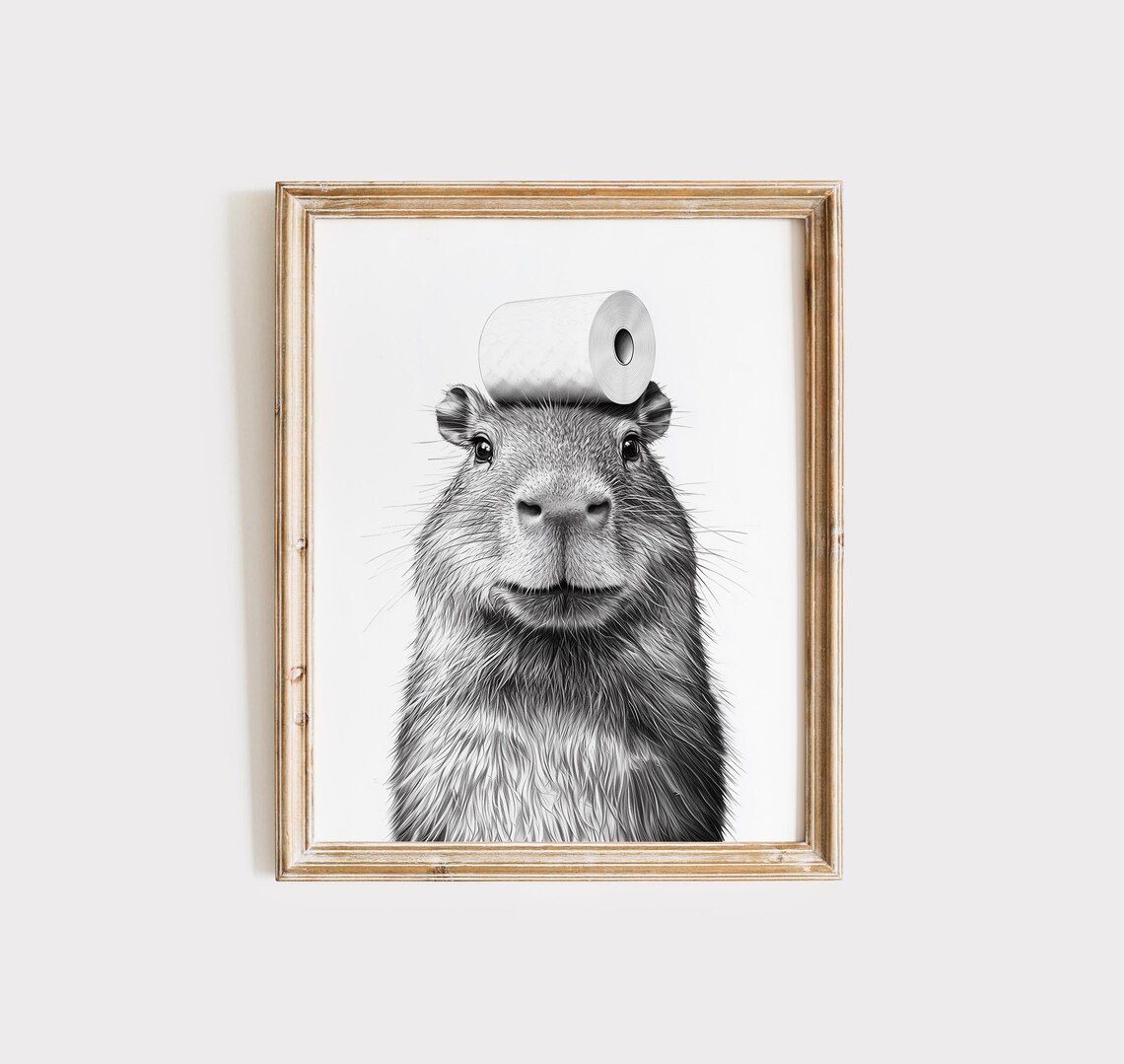 Capybara Animal Bathroom Poster, Black and White Art Print