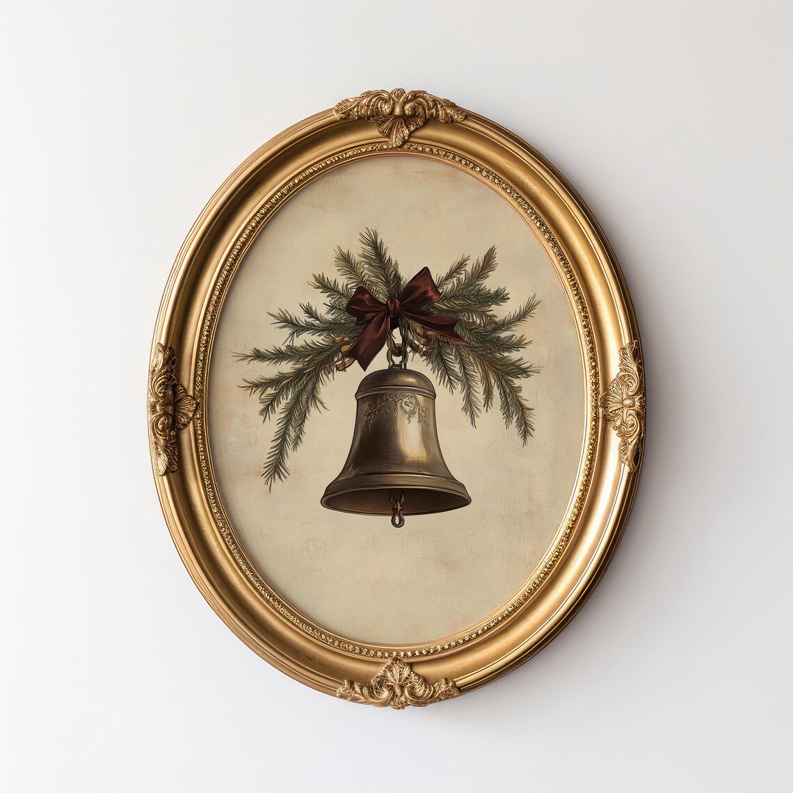 Vintage Bronze Bell with Pine and Burgundy Ribbon Christmas Poster - Image 3