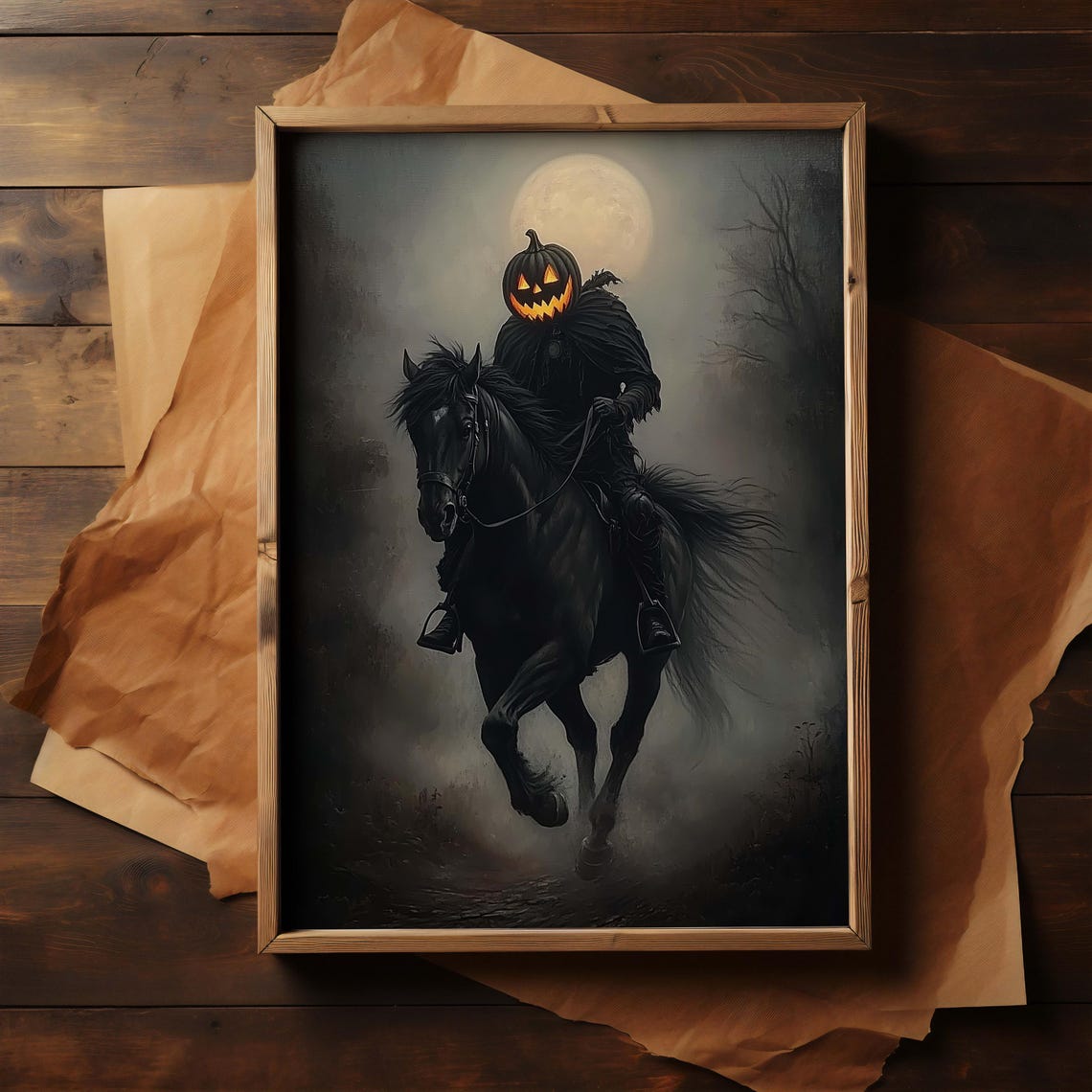 Headless Horseman Pumpkin Head Rider Full Moon Halloween Poster - Image 2