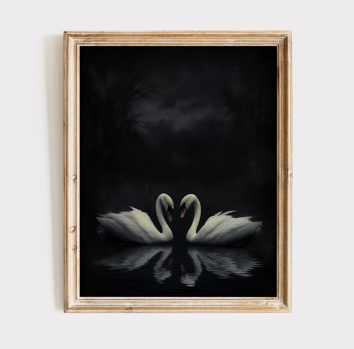 Two White Swans Dark Lake Night Reflection Romantic Oil Poster - Image 2