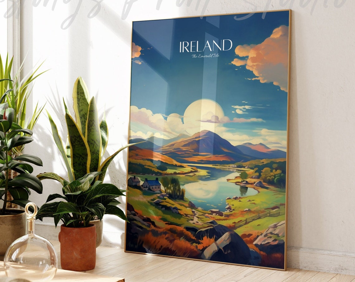 Ireland Emerald Isle Cottage Lake Mountain Moonlit Travel Poster