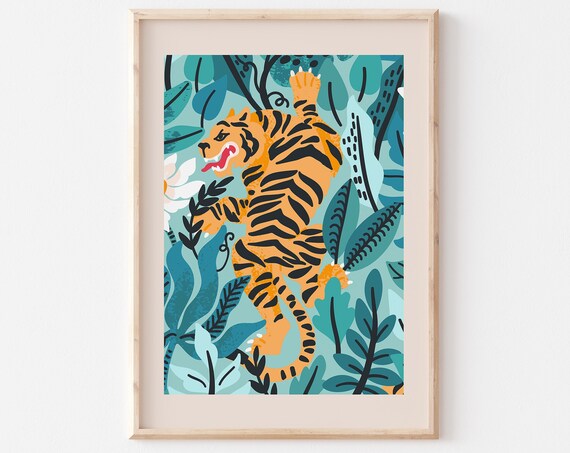 Bold Orange Tiger In Tropical Teal Jungle Leaves Art Poster For Living Room Decor