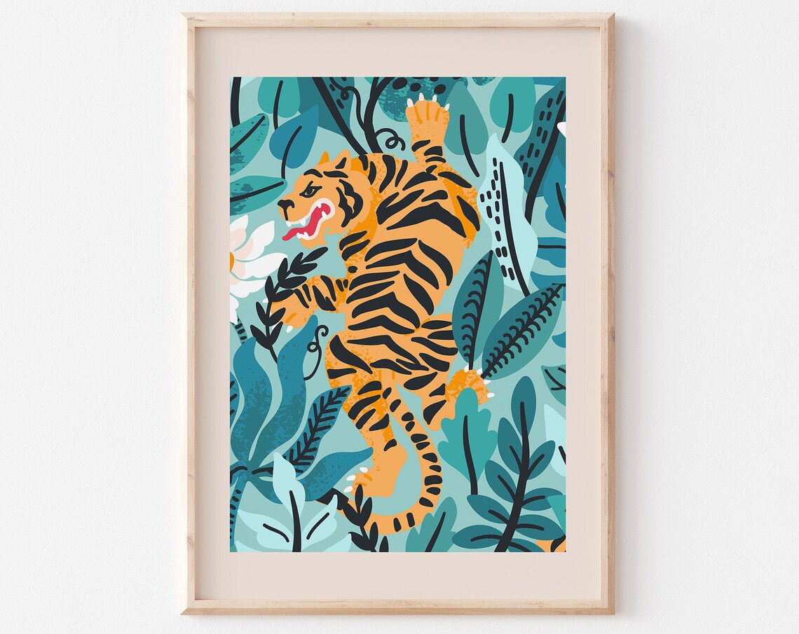 Bold Orange Tiger In Tropical Teal Jungle Leaves Art Poster For Living Room Decor