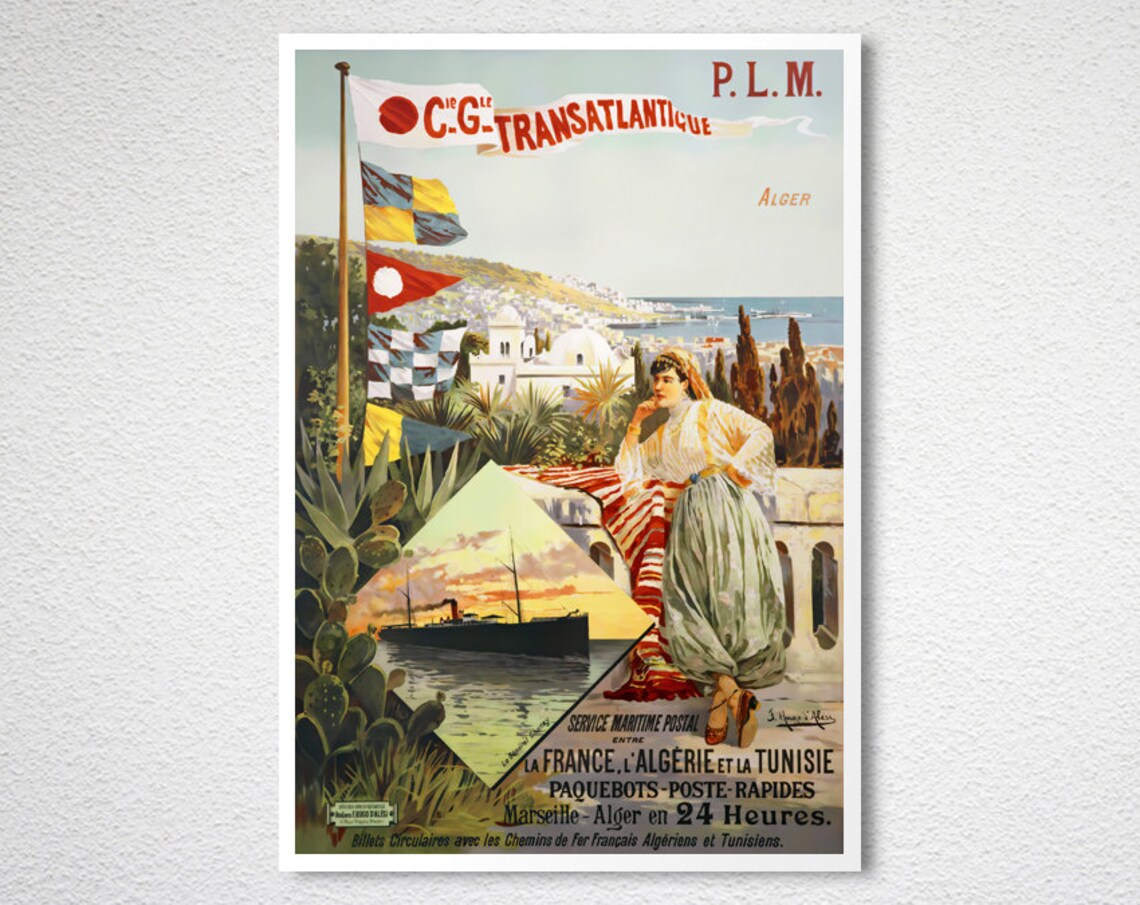 Alger Transatlantique PLM Marseille Alger 24 Heures Travel Poster - Image 2