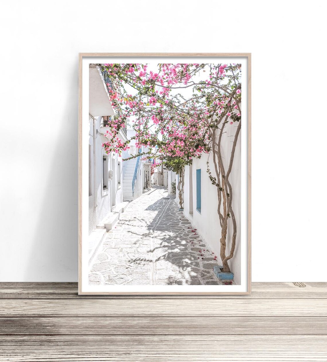 Paros Greece Whitewashed Street Pink Bougainvillea Old Town Poster