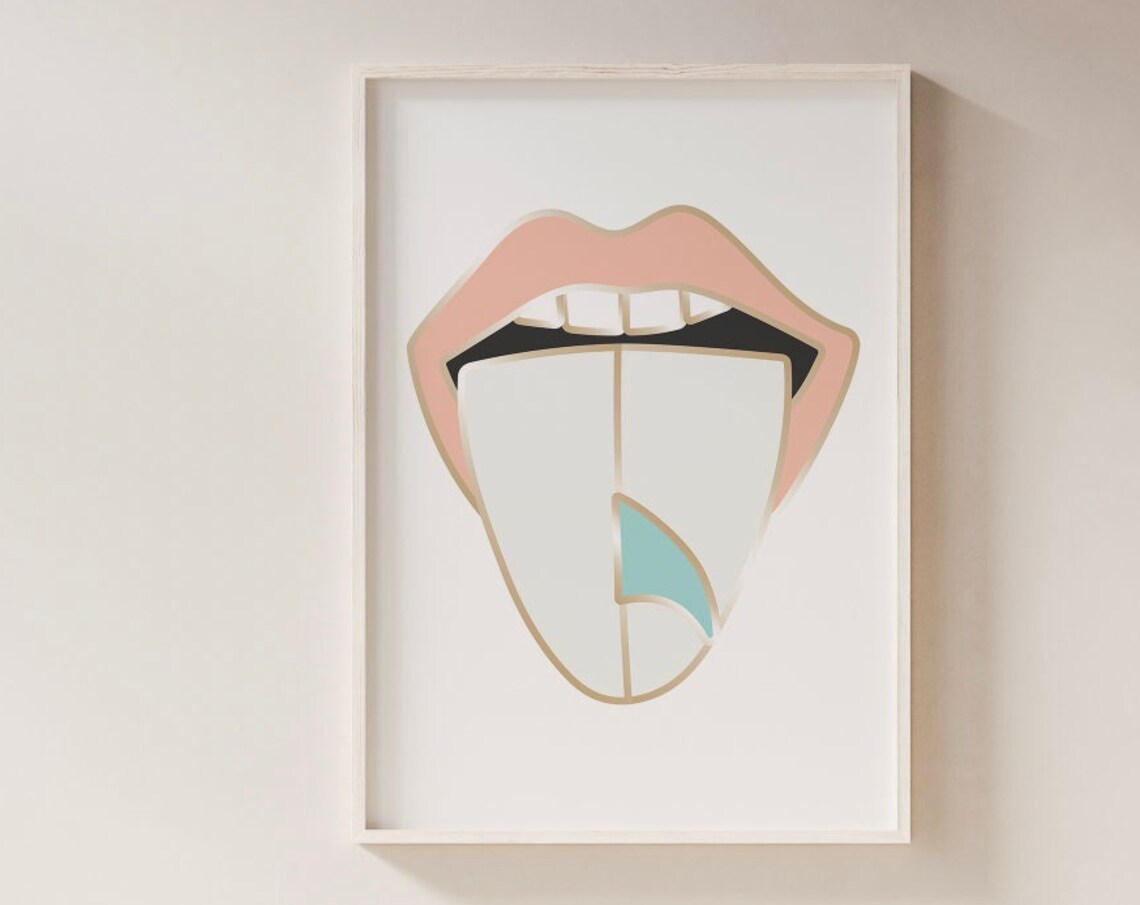 Modern Lips Line Drawing With Tongue Minimalist Pop Wall Art