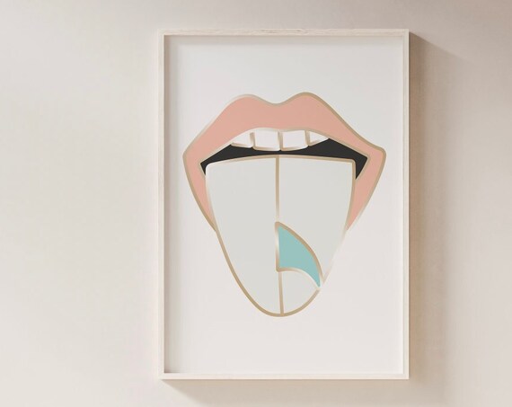 Modern Lips Line Drawing With Tongue Minimalist Pop Wall Art