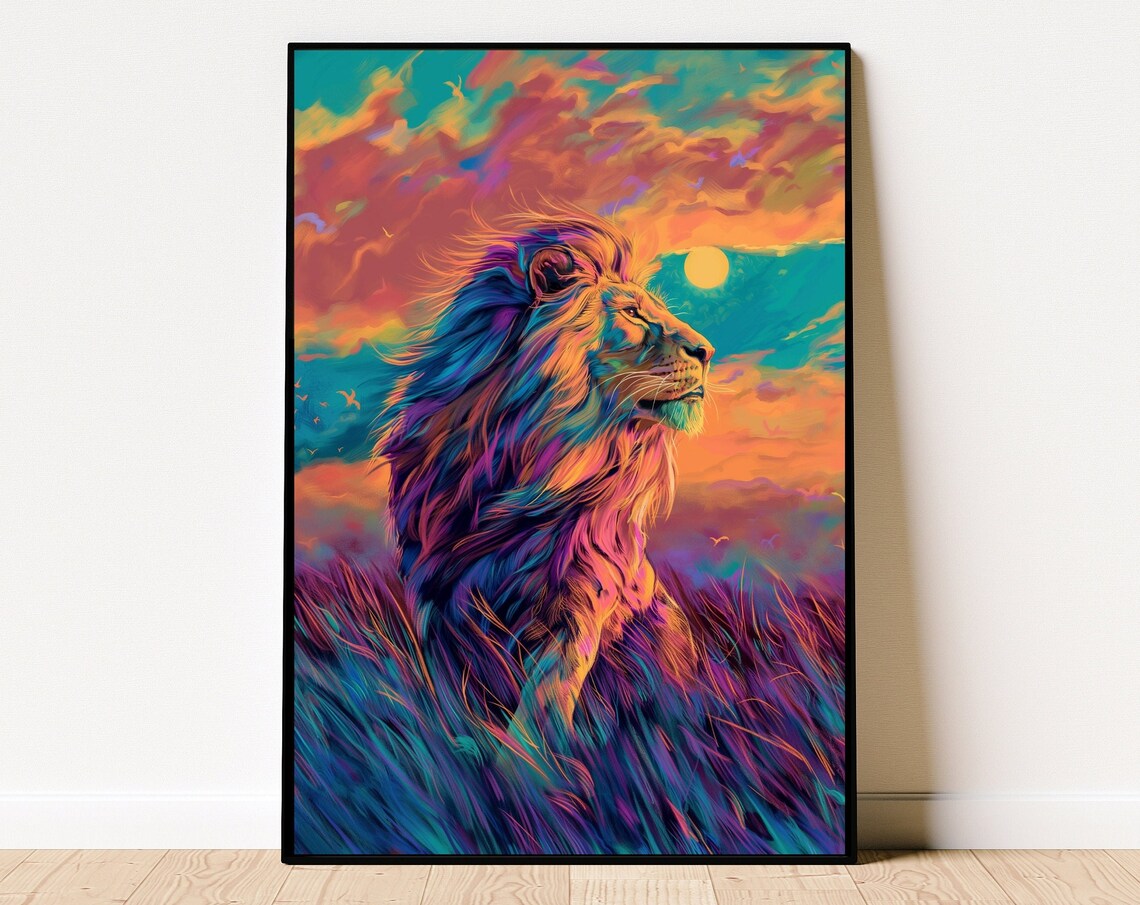 Majestic Colorful Lion Profile Against a Fiery Sunset Sky Poster